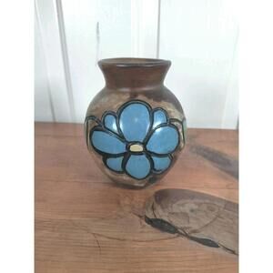 Vintage Tonala Mexican Pottery Vase - Blue Flower & Sgraffito Etched Black 4.5"